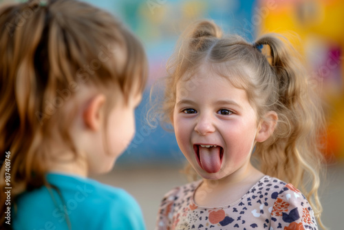 Adorable young girl with freckles playfully sticking her tongue out in classroom illustrating her fun loving and lively personality, capturing moment of childhood joy