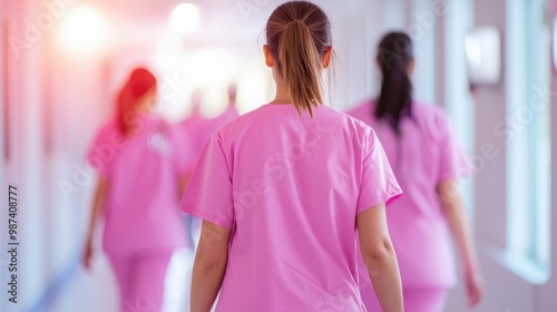 Healthcare workers in pink scrubs walk down a hospital corridor, symbolizing teamwork and dedication in medical professions.