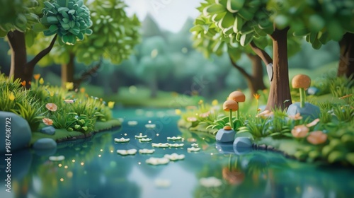 Serene Forest with Quaint Pond and Trees in Bright, Cheerful Colors, Cute Clay Style Animation, Playful Youthful Ambiance, Natural Scenery, Peaceful Environment, Animated Nature Scene
