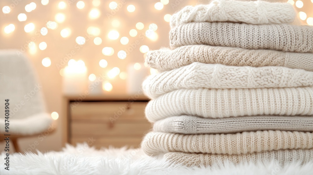 A pile of fluffy knit sweaters in white and beige sits atop each other in a cozy home setting, surrounded by warm hues and a wooden cabinet, creating a welcoming atmosphere. A pile of fluffy knit sweaters in white and beige sits atop each other in a cozy home setting, surrounded by warm hues and a wooden cabinet, creating a welcoming atmosphere.