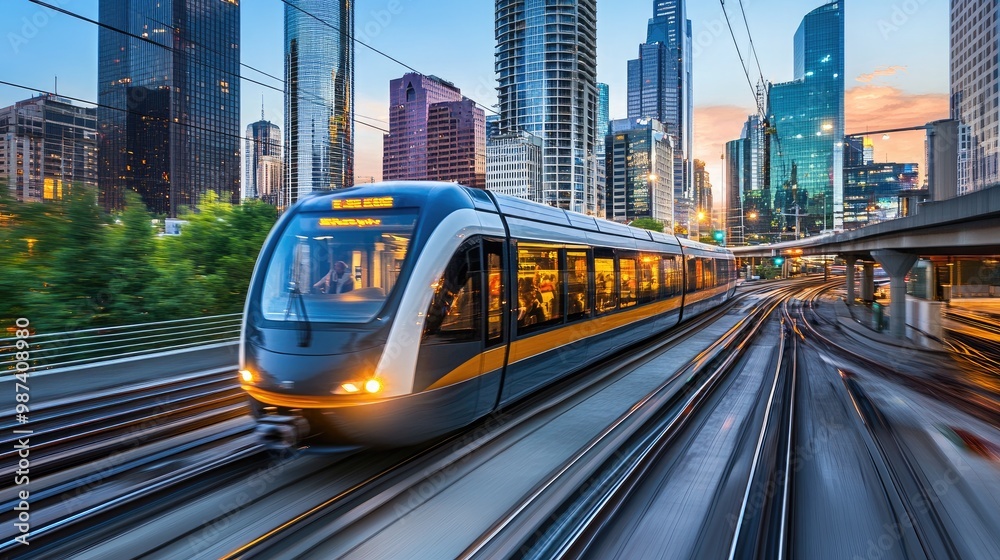 Naklejka premium A sleek electric train speeding through an urban landscape, with city skyscrapers in the background, showcasing modern transportation in a vibrant metropolis.