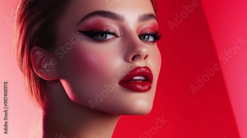 A portrait of a woman with a glamorous makeup look featuring dramatic eyeliner and vibrant lip color, styled in a high-fashion setting with soft, flattering lighting.