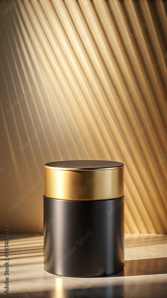 Abstract 3D realistic gold and black cylinder podium pedestal background with natural lighting scene. Minimal mockup product display presentation, Stage showcase. Platforms vector geometric design. st Abstract 3D realistic gold and black cylinder podium pedestal background with natural lighting scene. Minimal mockup product display presentation, Stage showcase. Platforms vector geometric design. st