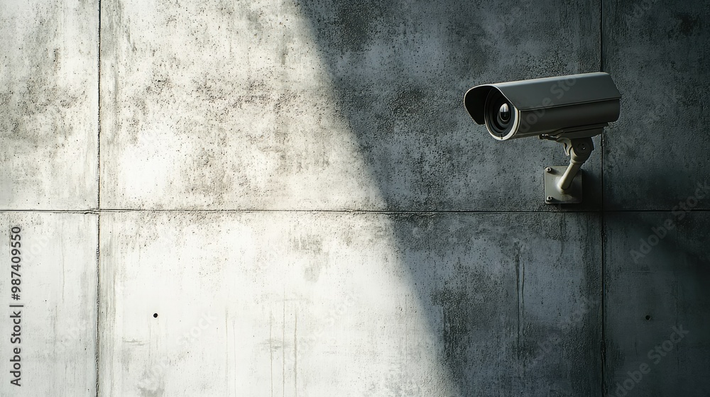Side view of a closed-circuit camera mounted on a textured concrete wall, with the right half of the image left open for copy space. Side view of a closed-circuit camera mounted on a textured concrete wall, with the right half of the image left open for copy space.