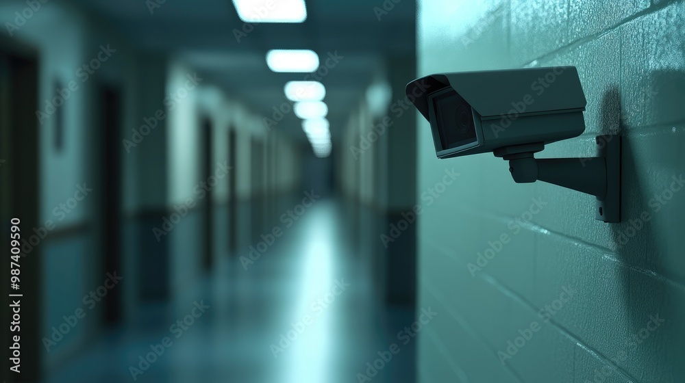 Side view of a closed-circuit camera pointing into an empty hallway, with the background blurred and space on the right for copy or logos. Side view of a closed-circuit camera pointing into an empty hallway, with the background blurred and space on the right for copy or logos.