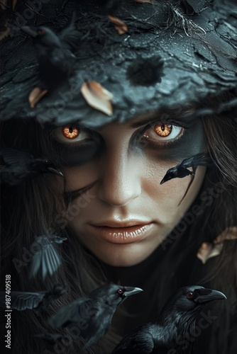 Close-up of a witch casting a spell that turns flowers into ravens, her eyes glowing with dark magic as the birds fly around her