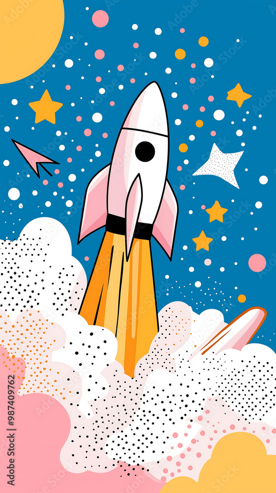 Cute cartoon vector style poster of a rocket flying in the sky with stars and clouds in a pastel color palette of pink blue yellow and orange Cute cartoon vector style poster of a rocket flying in the sky with stars and clouds in a pastel color palette of pink blue yellow and orange