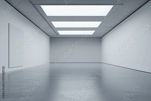 An empty modern gallery room with blank walls and a high ceiling with skylights, on a grey background, concept of a contemporary art space. generative ai