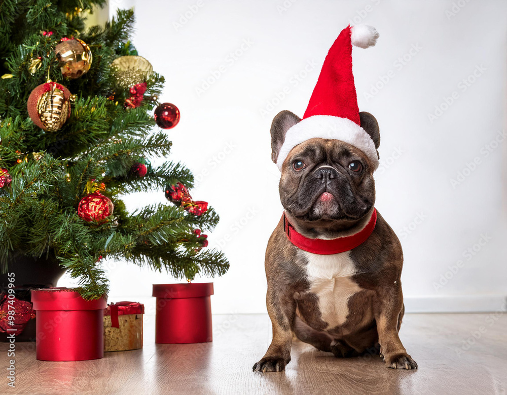 French Bulldog in holiday outfit with red Santa hat in front of Christmas tree and lights. French Bulldog in holiday outfit with red Santa hat in front of Christmas tree and lights.