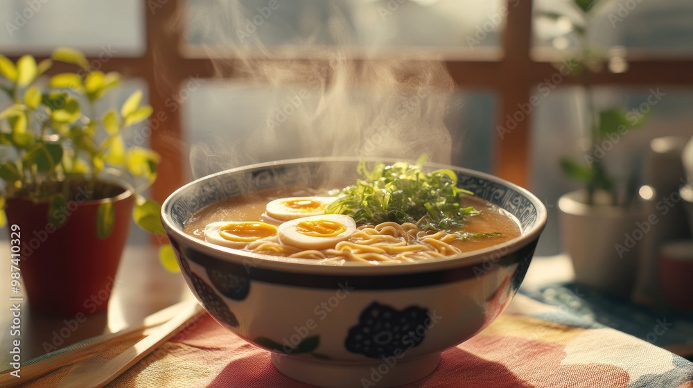 A steaming bowl of ramen topped with fresh ingredients, presented on a colorful table, showcasing the beauty of a comforting homemade meal. A steaming bowl of ramen topped with fresh ingredients, presented on a colorful table, showcasing the beauty of a comforting homemade meal.