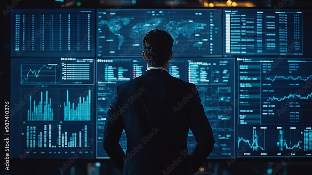 businessman analyzing a KPI dashboard filled with metrics and charts, focusing on sales and business results evaluation for effective decision-making in a professional environment businessman analyzing a KPI dashboard filled with metrics and charts, focusing on sales and business results evaluation for effective decision-making in a professional environment