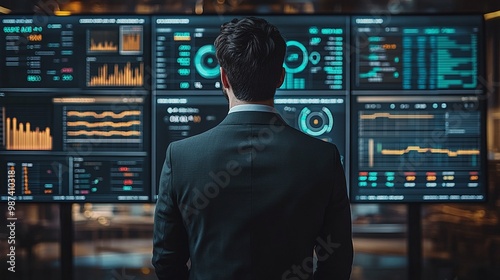 businessman analyzing a KPI dashboard filled with metrics and charts, focusing on sales and business results evaluation for effective decision-making in a professional environment