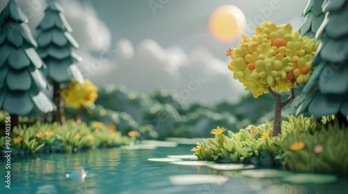 Serene Forest with Quaint Pond and Trees in Bright, Cheerful Colors, Cute Clay Style Animation, Playful Youthful Ambiance, Natural Scenery, Peaceful Environment, Animated Nature Scene
