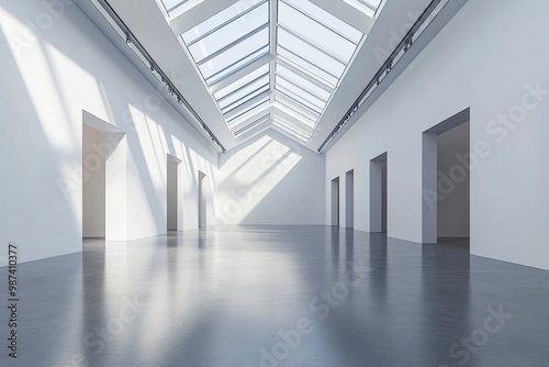 An empty modern gallery room with blank walls and a high ceiling with skylights, on a grey background, concept of a contemporary art space. generative ai