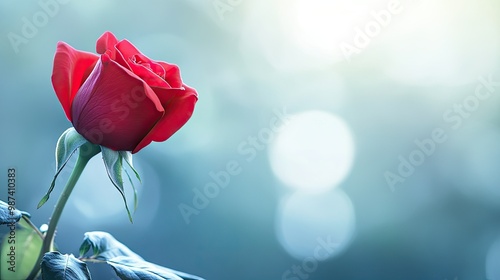 Side view of a single red rose with a blurred background, offering plenty of room on the left side for adding text or promotional material. photo