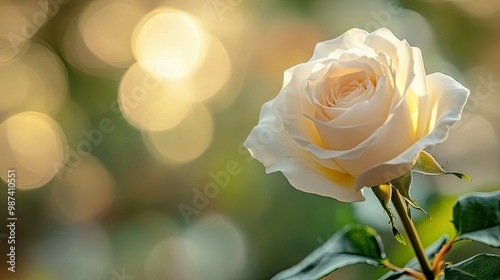 Side view of a single white rose with a blurred background, offering plenty of room on the left side for adding text or promotional material.