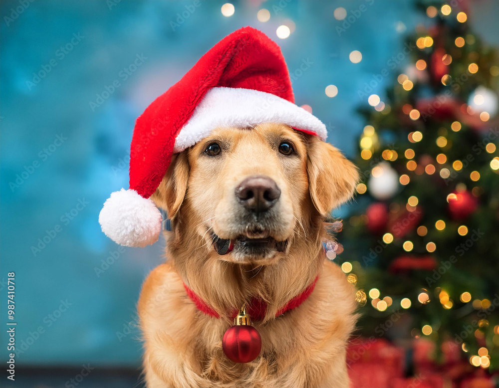 Golden Retriever dog in holiday outfit with red Santa hat in front of Christmas tree and lights. Golden Retriever dog in holiday outfit with red Santa hat in front of Christmas tree and lights.