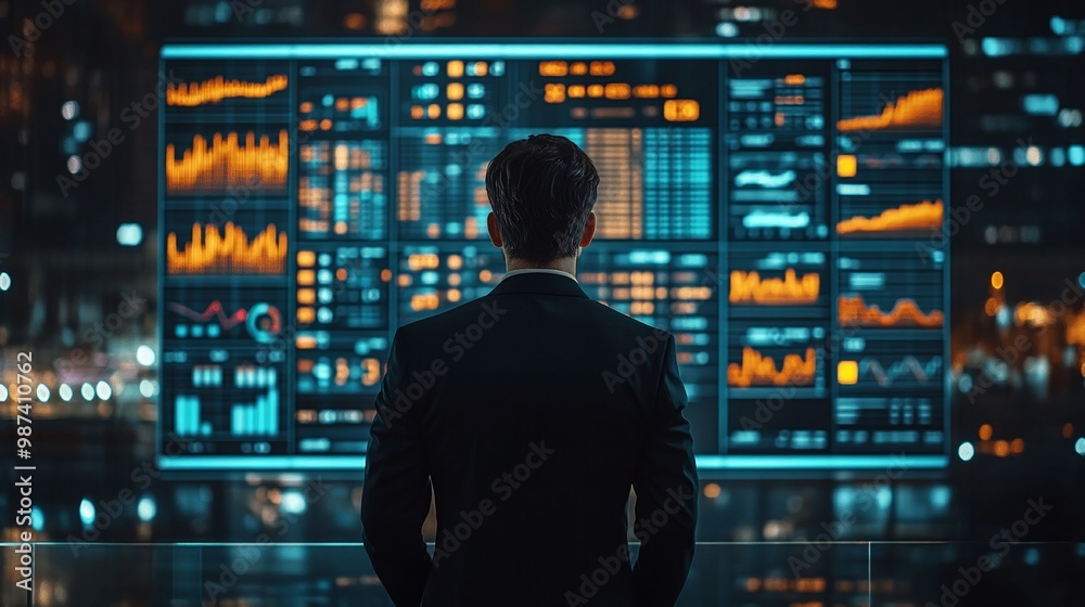 businessman analyzing a KPI dashboard filled with metrics and charts, focusing on sales and business results evaluation for effective decision-making in a professional environment businessman analyzing a KPI dashboard filled with metrics and charts, focusing on sales and business results evaluation for effective decision-making in a professional environment