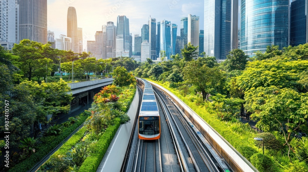 Obraz premium A city implementing environmental sustainability practices, with green roofs, solar panels, and eco-friendly transportation