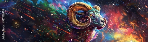 Aries ram in full charge, surrounded by cosmic dust and shooting stars, vibrant colors, sharp detail, digital illustration