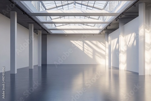 An empty modern gallery room with blank walls and a high ceiling with skylights  on a grey background  concept of a contemporary art space. generative ai
