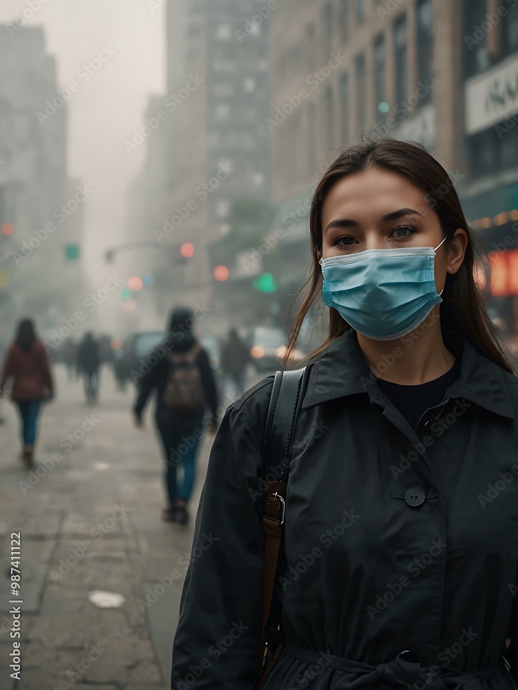 Person wearing a mask in a smog-filled city, highlighting urban pollution. Person wearing a mask in a smog-filled city, highlighting urban pollution.