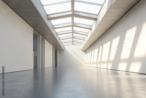 An empty modern gallery room with blank walls and a high ceiling with skylights, on a grey background, concept of a contemporary art space. generative ai