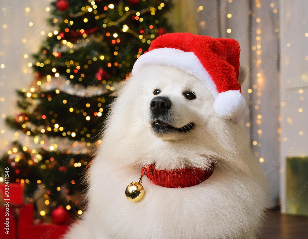 Samoyed dog in holiday outfit with red Santa hat in front of Christmas tree and lights.