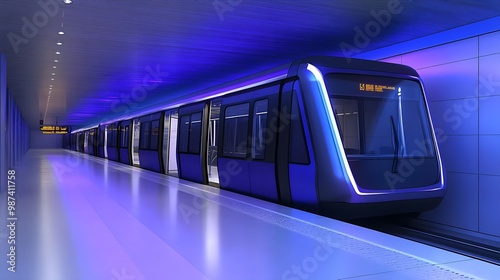 Modern subway train in illuminated station photo