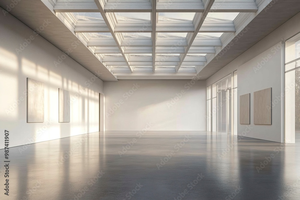 An empty modern gallery room with blank walls and a high ceiling with skylights, on a grey background, concept of a contemporary art space. generative ai An empty modern gallery room with blank walls and a high ceiling with skylights, on a grey background, concept of a contemporary art space. generative ai