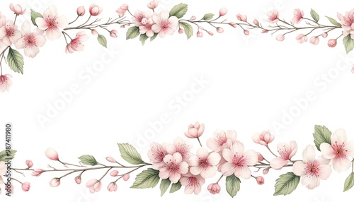 Beautiful watercolor floral frame with pink blossoms and green leaves, perfect for invitations and greeting cards.