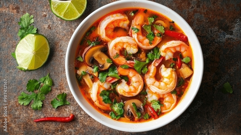 Thai Tom Yum Goong soup with shrimp, mushrooms, and herbs, served in a white bowl with chili, lime, and cilantro on a rustic surface. Thai Tom Yum Goong soup with shrimp, mushrooms, and herbs, served in a white bowl with chili, lime, and cilantro on a rustic surface.