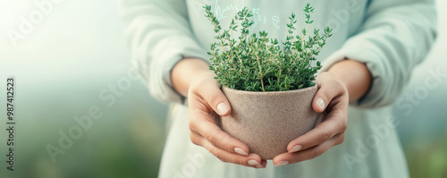 person holds small pot of fresh herbs, showcasing connection to nature and benefits of herbal medicine. This image evokes sense of tranquility and wellness photo