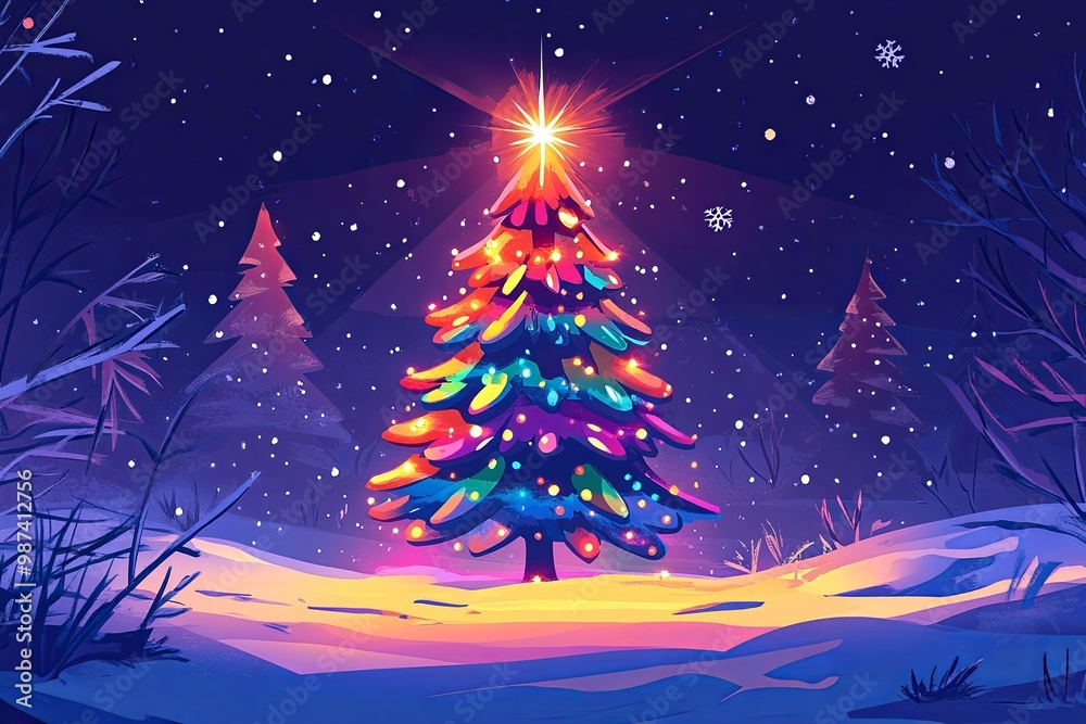 A vibrant Christmas tree shines brightly in a snowy winter landscape. A vibrant Christmas tree shines brightly in a snowy winter landscape.