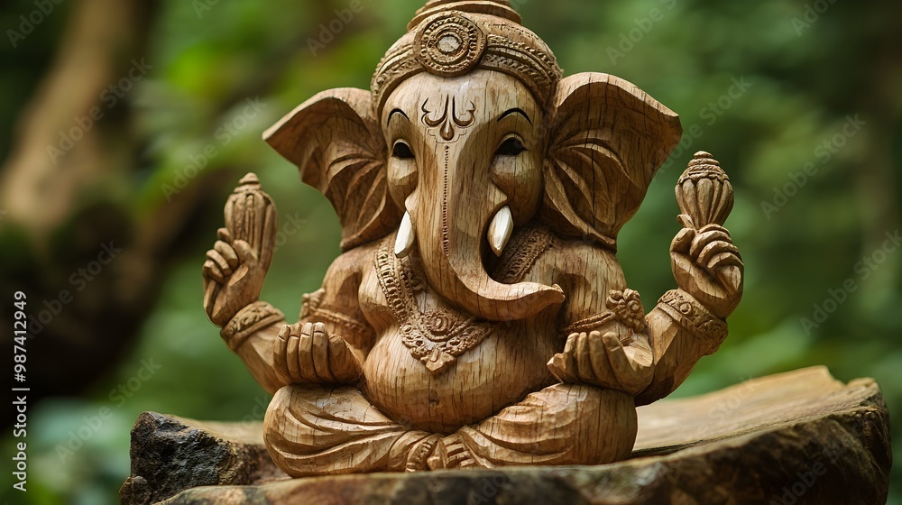 Fototapeta premium Ganesha Carved from Exquisite Natural Wood and Stone Elements Highlighting the Sacred Beauty and Craftsmanship of this Revered Hindu Deity