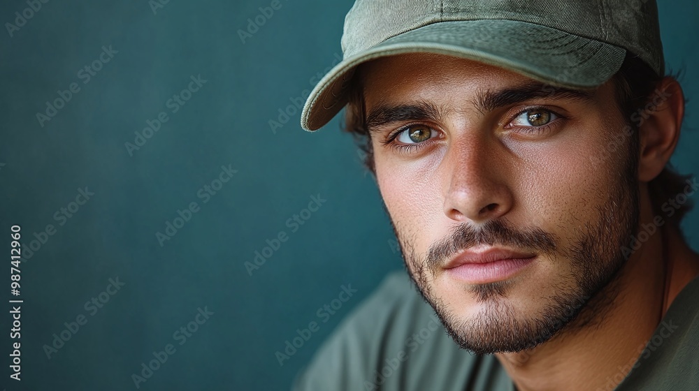 portrait of a young man with a khaki green cap, representing modern fashion trends and youthful energy in a vibrant outdoor setting portrait of a young man with a khaki green cap, representing modern fashion trends and youthful energy in a vibrant outdoor setting