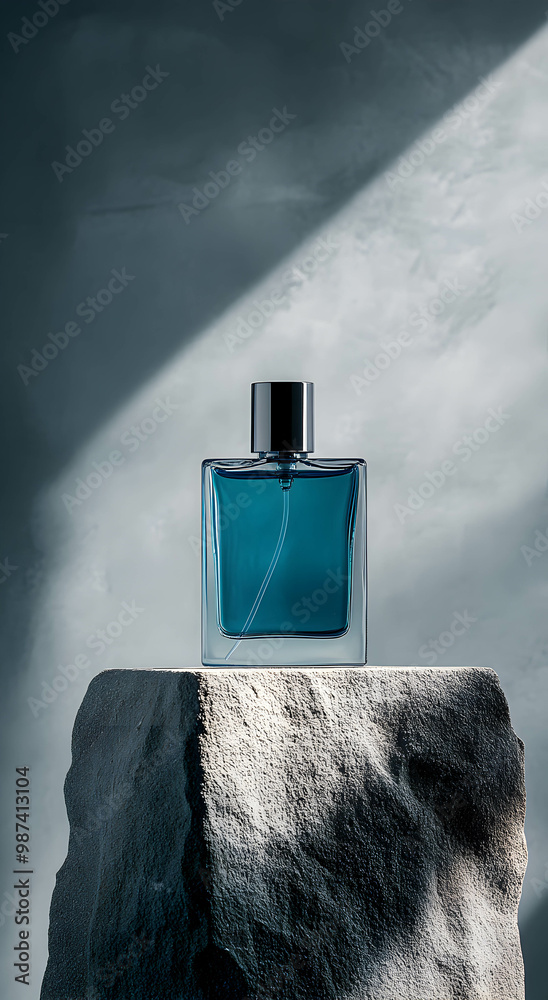 A bottle of men's perfume in blue on a stone podium against a gray wall, studio light, copy space. Concept of men's perfume. A bottle of men's perfume in blue on a stone podium against a gray wall, studio light, copy space. Concept of men's perfume.