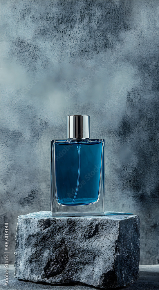 A bottle of men's perfume in blue on a stone podium against a gray wall, studio light, copy space. Concept of men's perfume. A bottle of men's perfume in blue on a stone podium against a gray wall, studio light, copy space. Concept of men's perfume.
