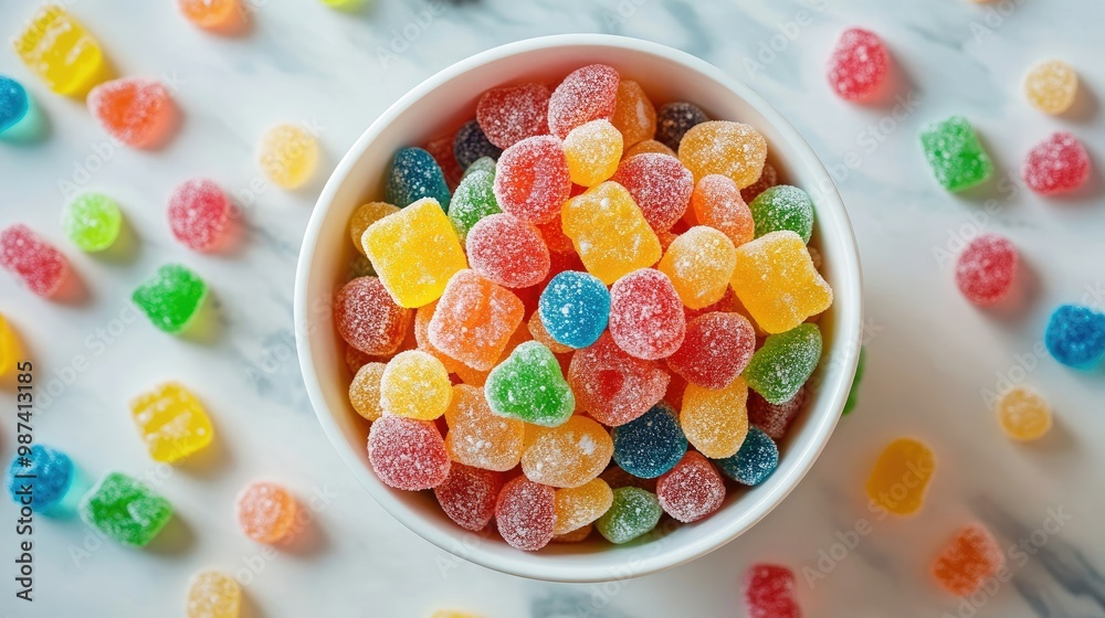 Top view of a bowl filled with a mix of chewy candies, such as taffy and gummies, surrounded by scattered candy pieces. - Top view of a bowl filled with a mix of chewy candies, such as taffy and gummies, surrounded by scattered candy pieces. -
