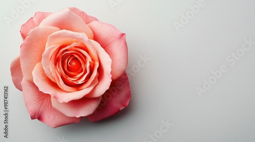 Top view of a blooming rose with a clean background, creating a large open area to one side for copy or product details.