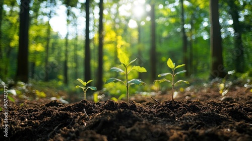 A forest being restored through sustainable environmental practices, with new trees being planted and soil being rehabilitated