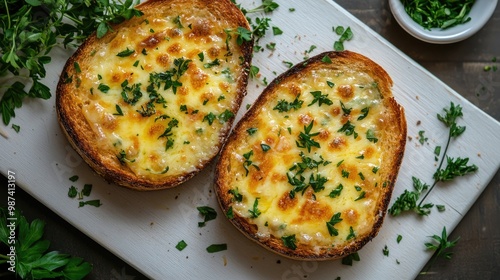 Wallpaper Mural A toasted bread with melted cheese bubbling on top, placed on a white cutting board, surrounded by fresh herbs, creating a mouthwatering composition. Torontodigital.ca