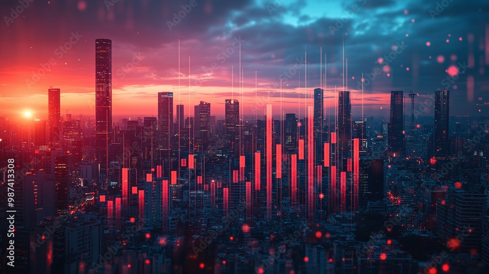 Fototapeta premium stock market bar chart with a modern city business center view in the background, symbolizing investment opportunities and the vibrant nature of trading in finance