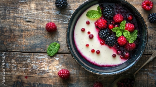 Top view of a bowl of creamy panna cotta with berry compote and mint leaves, set on a rustic wooden surface with a few fresh berries.