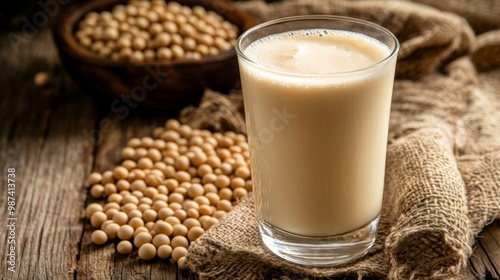 A refreshing glass of chilled soybean milk with a frothy top, placed on a wooden table with a background of fresh soybeans and a rustic cloth.