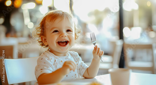 Happy child eating at a table in a restaurant, holding a fork in his hand, background of a light colored restaurant. The concept of proper nutrition of children.