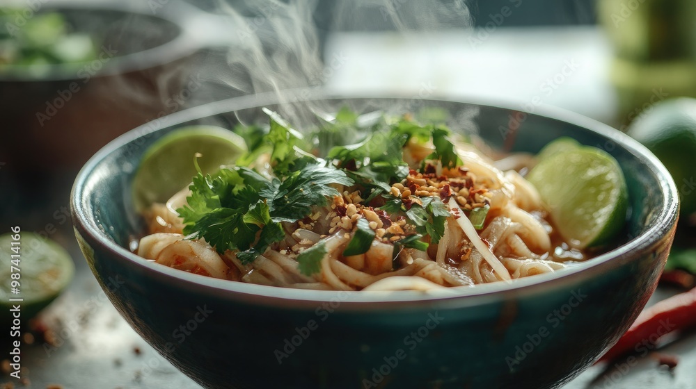 A vibrant bowl of steaming boat noodles garnished with fresh herbs, lime wedges, and chili flakes, showcasing the rich colors and textures of this beloved dish. A vibrant bowl of steaming boat noodles garnished with fresh herbs, lime wedges, and chili flakes, showcasing the rich colors and textures of this beloved dish.