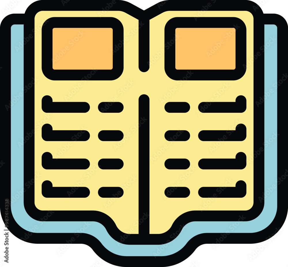 Open book icon illustrating a textbook, showing text and pictures, useful for educational concepts Open book icon illustrating a textbook, showing text and pictures, useful for educational concepts