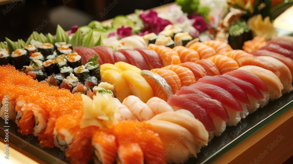 A vibrant display of assorted sushi and sashimi, including tuna, salmon, and eel, garnished with wasabi and pickled ginger, perfect for a fresh seafood experience. A vibrant display of assorted sushi and sashimi, including tuna, salmon, and eel, garnished with wasabi and pickled ginger, perfect for a fresh seafood experience.