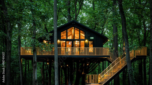 A modern treehouse nestled in lush green woods with warm lighting.